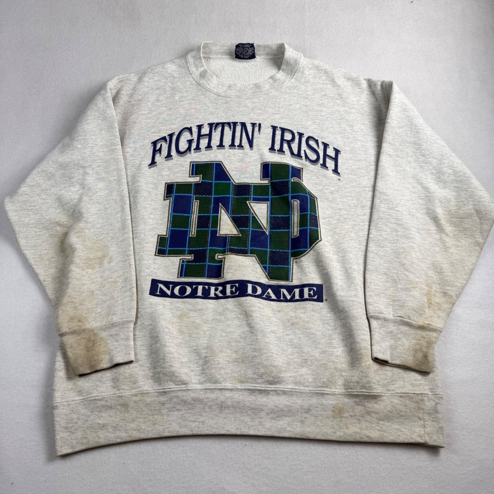 Vintage Notre Dame Fighting Irish Sweatshirt Savvy Gray Plaid Logo USA Mens L